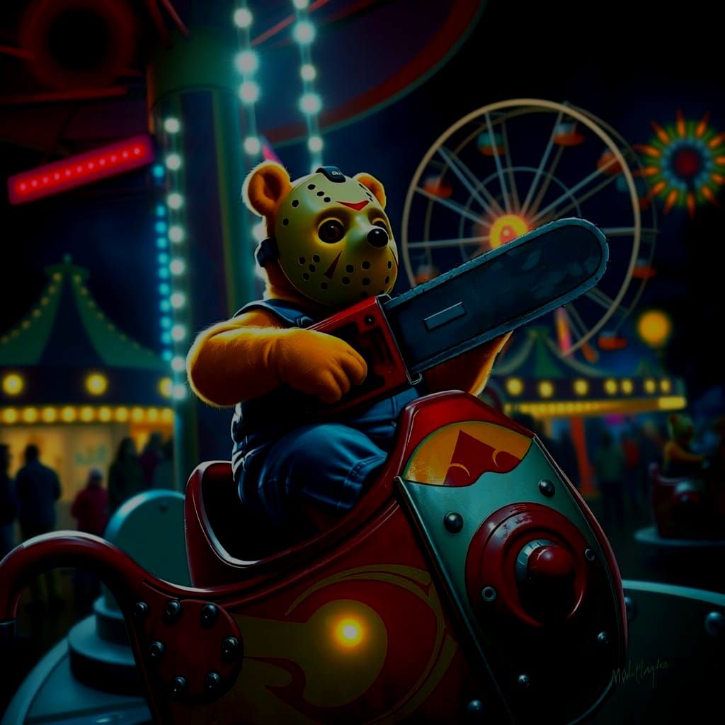 Winnie the Pooh with Friday the 13th Mask on a Fairground Ri...