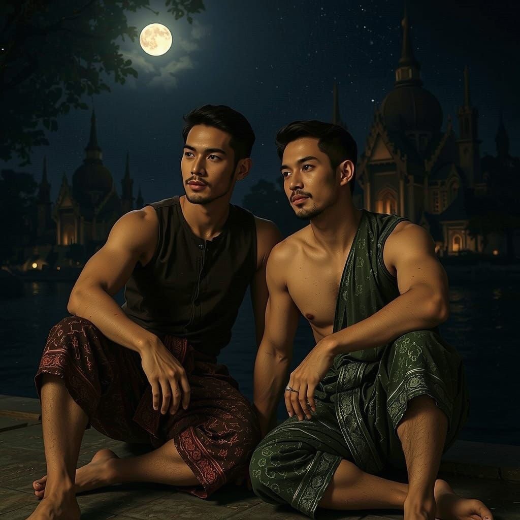 Thai Men by the Sea in Pre-Raphaelite Style