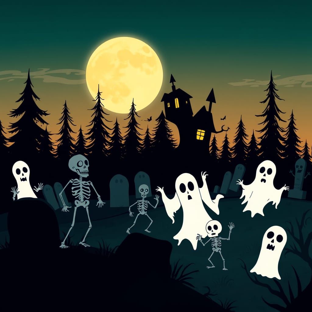 Vintage Cartoon Graveyard Scene Under Full Moon