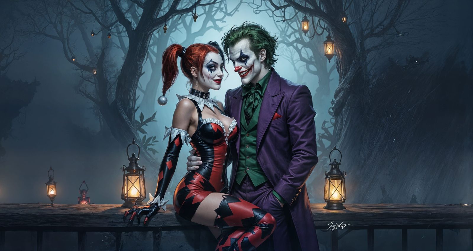 Harley Quinn and Joker in Romantic Night Embrace