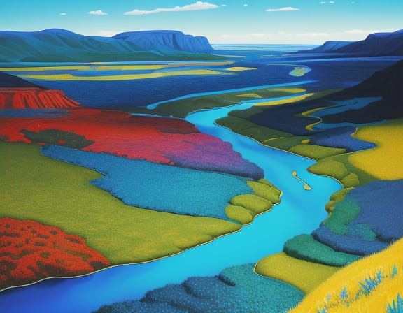 Surreal Panoramic River Landscape in Dreamy Blues and Gold
