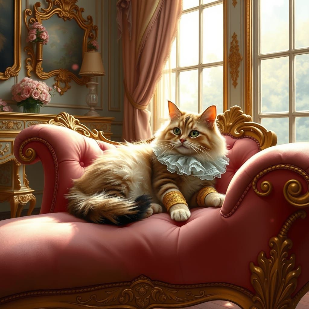 Fluffy Cat in Opulent Rococo Interior