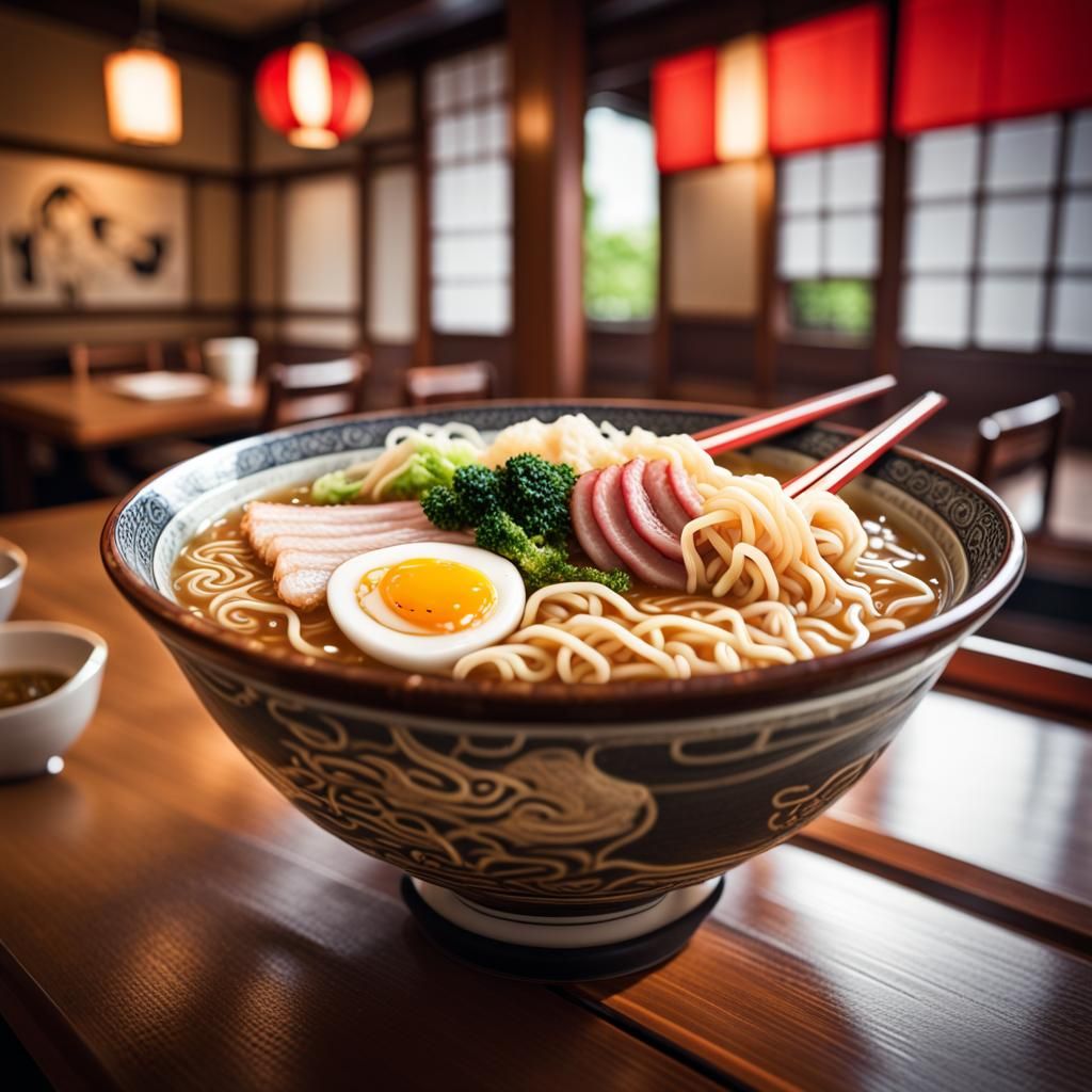 Hyperrealistic Ramen Bowl in Traditional Japanese Restaurant