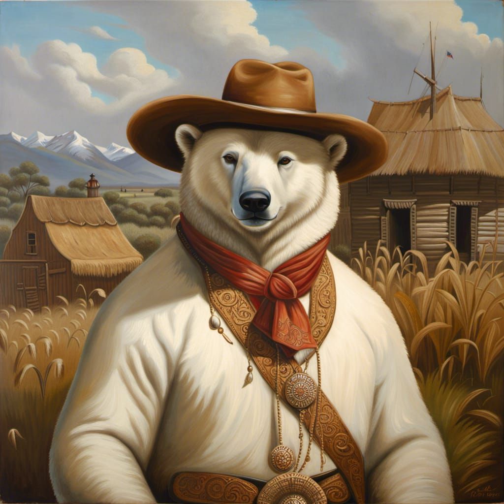 Polar Bear Gaucho in 1800s Pampas, Oil Painting