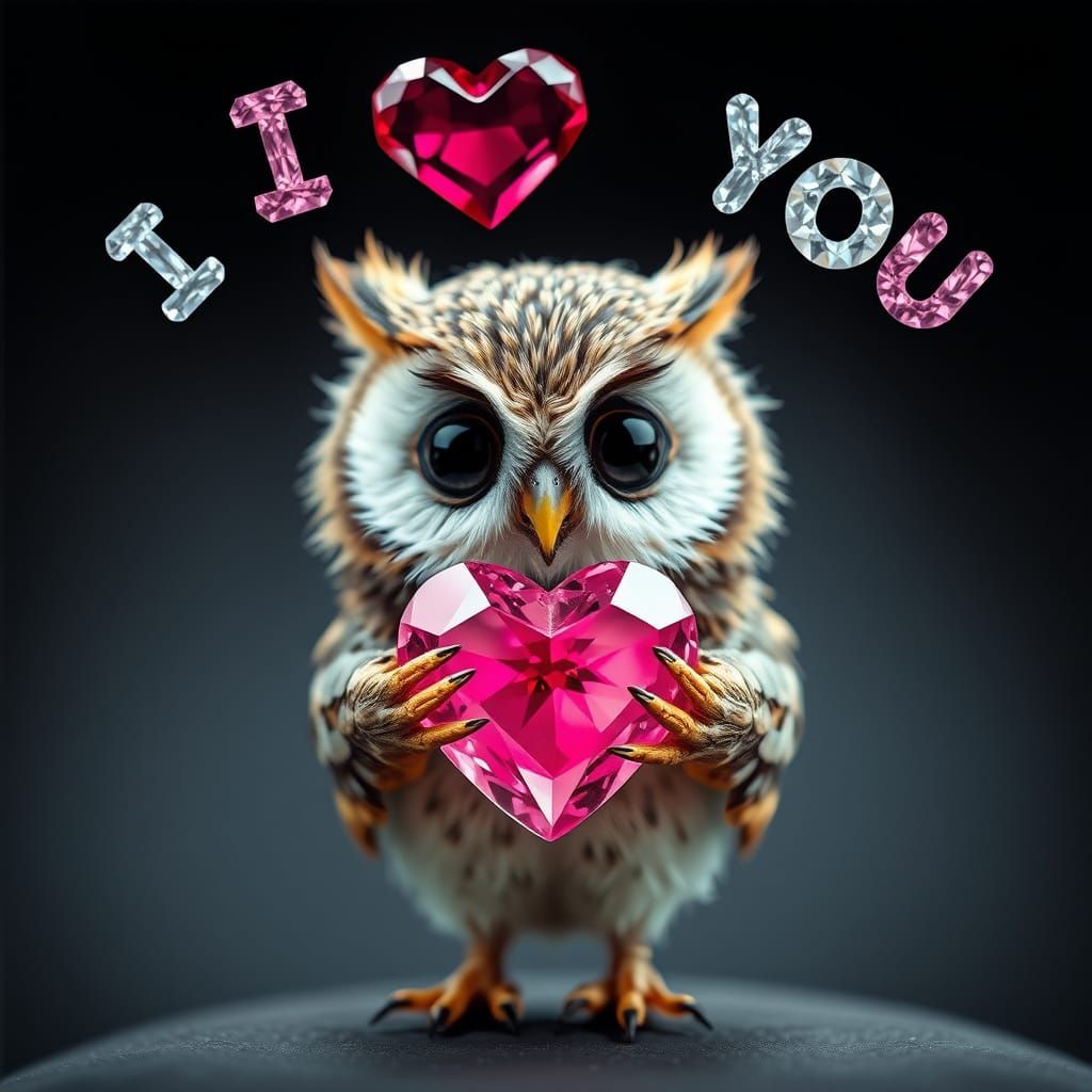 Sad Owl with Crystal Heart and Love Message
