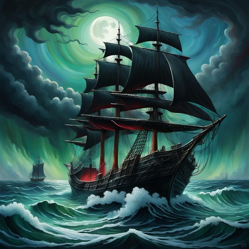 Ghost Ship on Stormy Sea: Dark Romanticism Painting