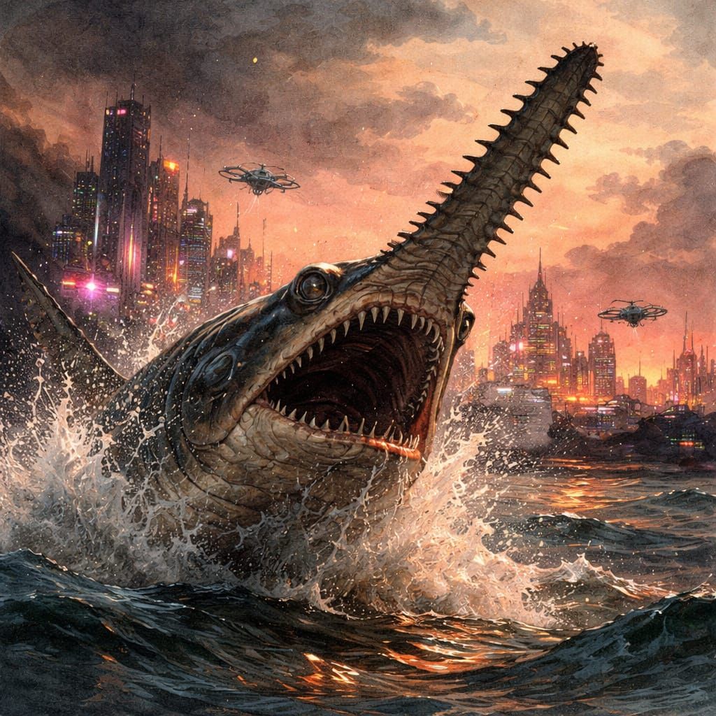 Sawfish Leaps from Ocean in Cyberpunk Twilight