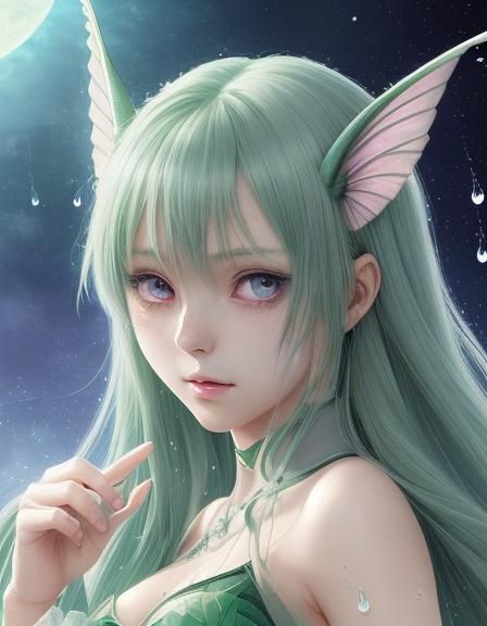 Luna Moth with Water Droplets in Anime Style