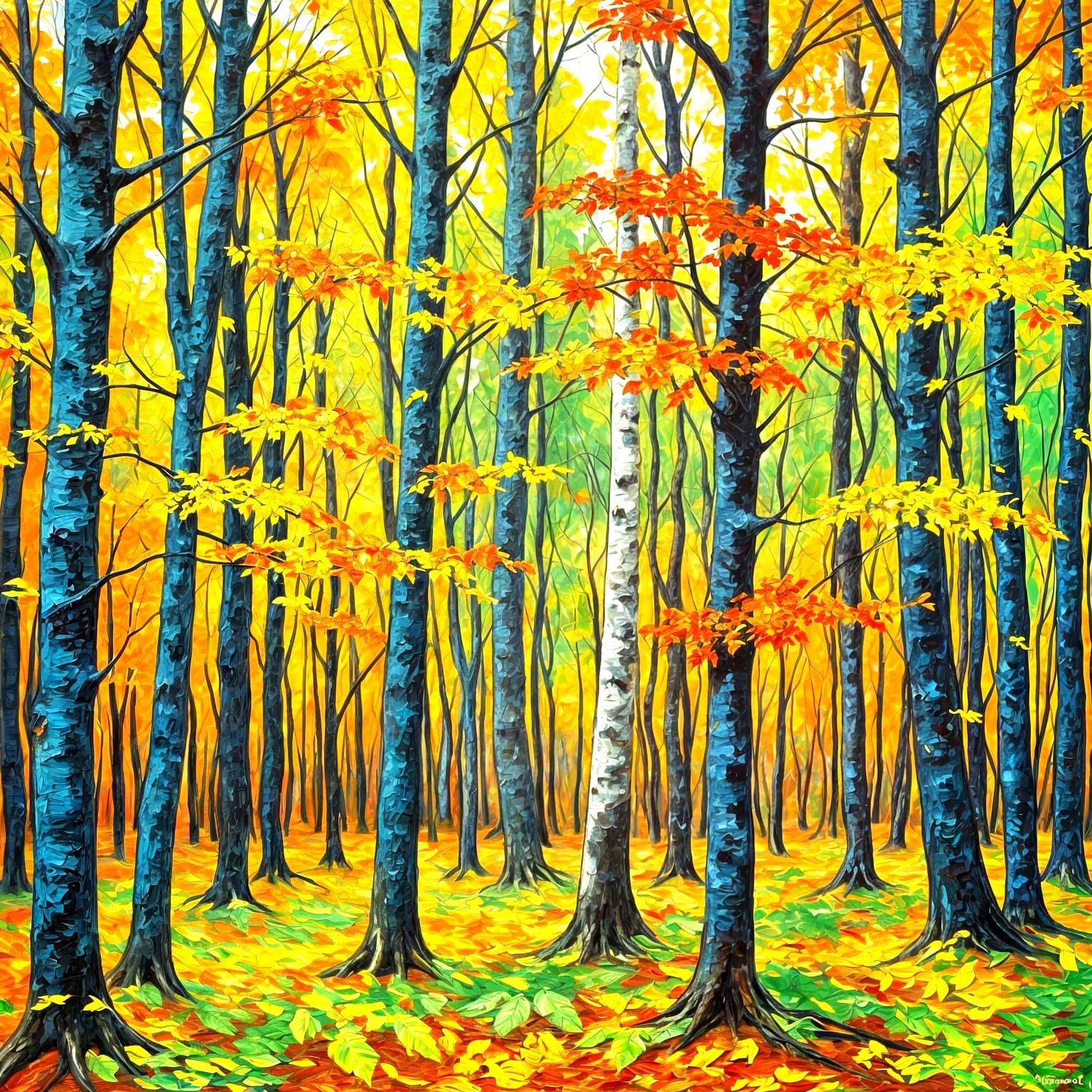 Autumn Forest Neo-Impressionist Oil Painting