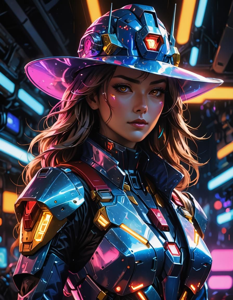 Space Cowgirl wearing a trench coat and cowboy hat and a mec...