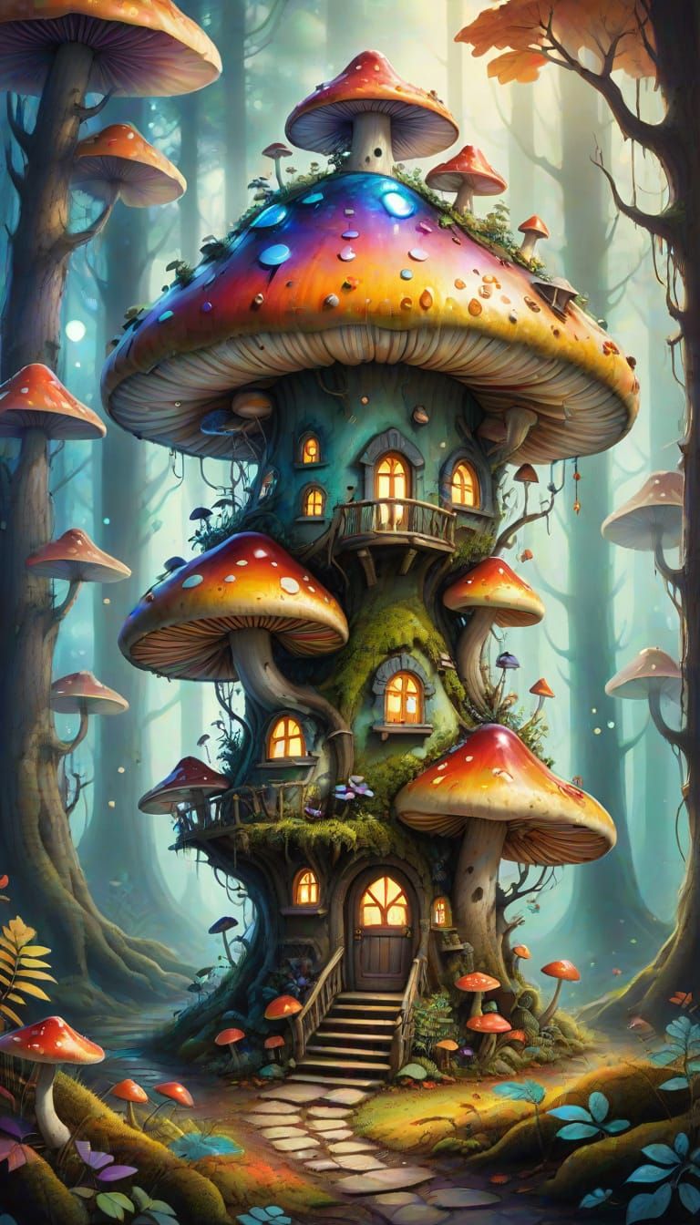 Fantastical Mushroom Treehouse in Vibrant Autumn Forest