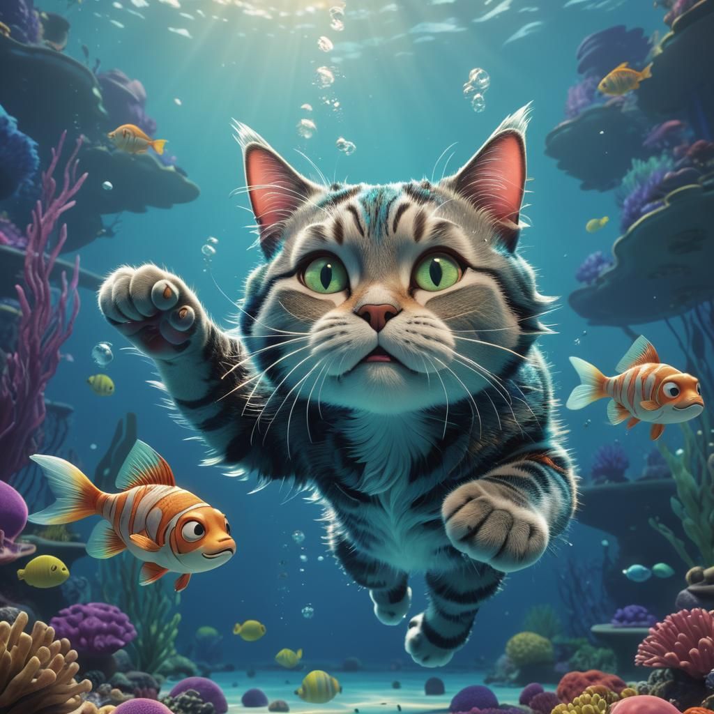 Cartoon Cat Holding Breath Underwater: 3D Digital Art