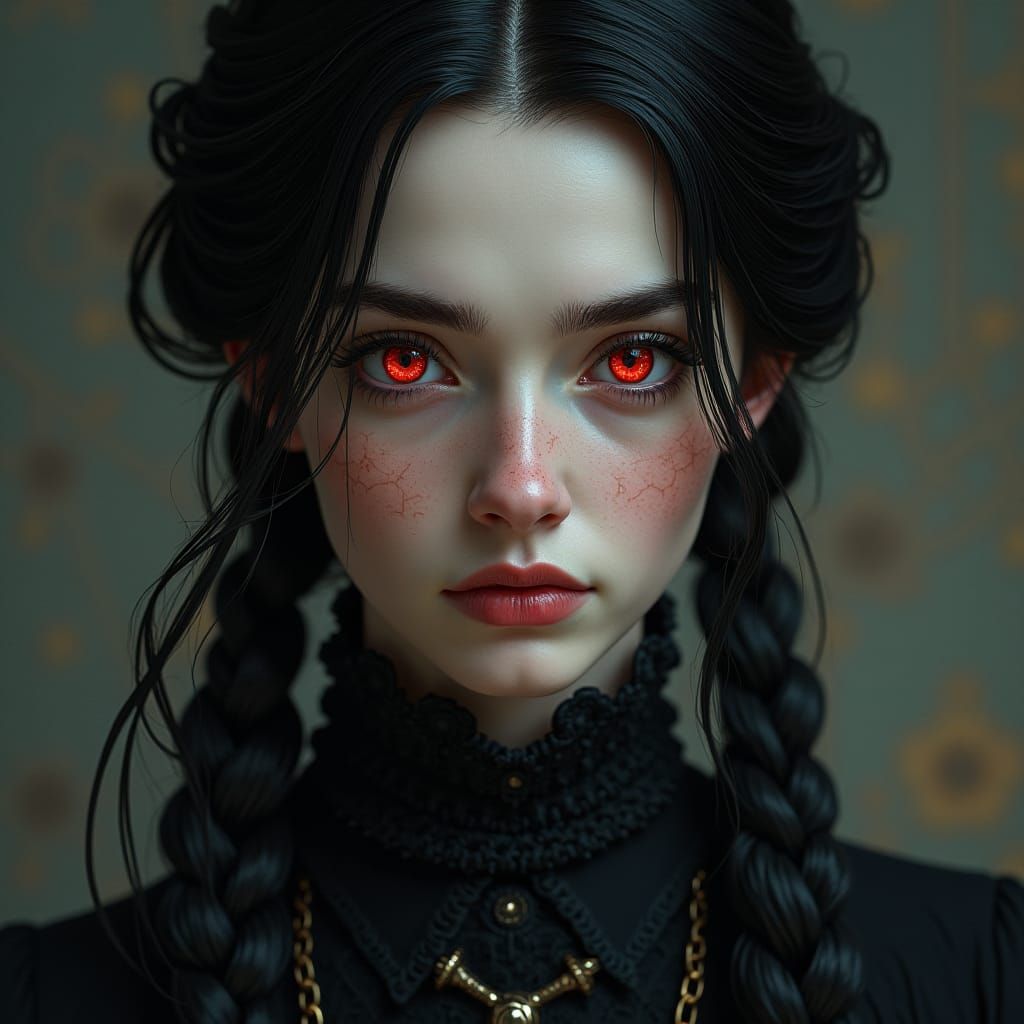 Victorian Girl with Red Eyes in Dark Fantasy Style