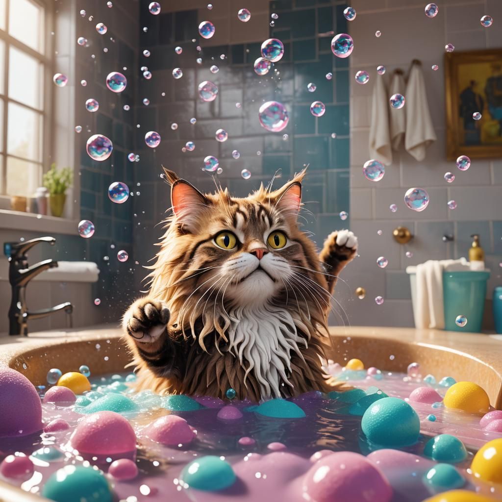Cat in Bubble Bath: Pixar-Style 3D Digital Art