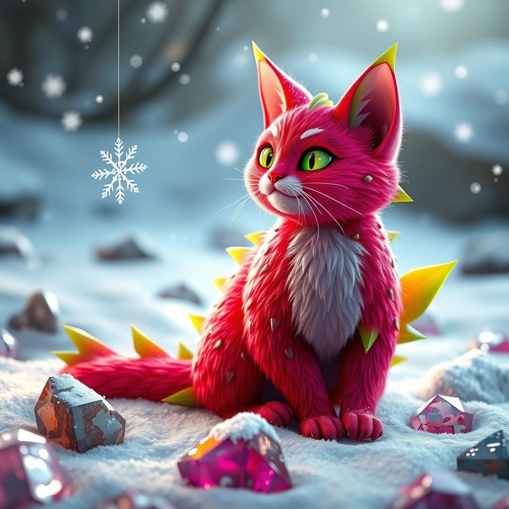 Whimsical Dragon Fruit Cat in Magical Winter Wonderland
