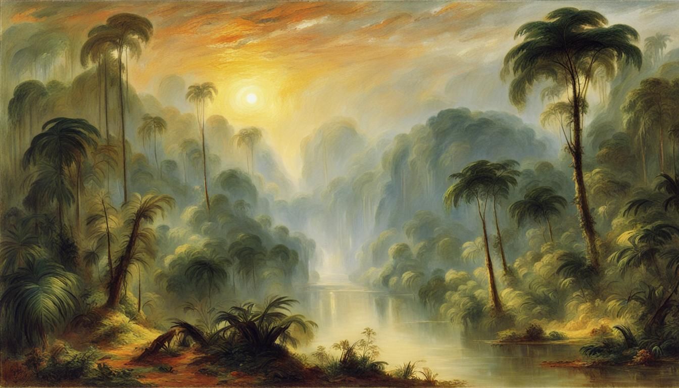 Rainforest at Dawn in the Style of Romanticism