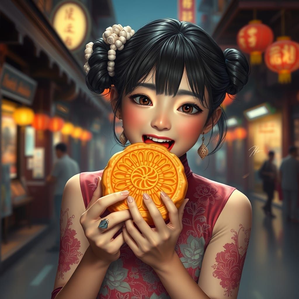 Girl in Cheongsam Eating Mooncake in Bangkok