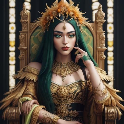 Golden Woman with Peacock Feathers in Lavish Throne Room