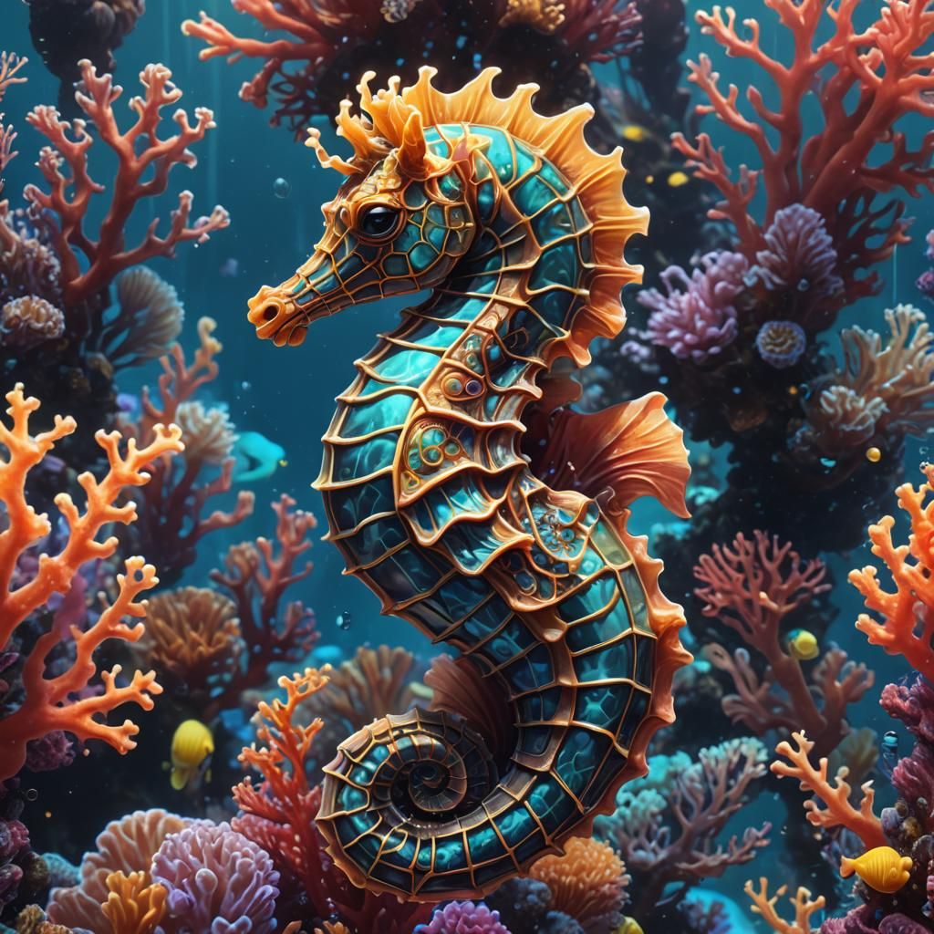 Bioluminescent Seahorse Portrait in Neon Style