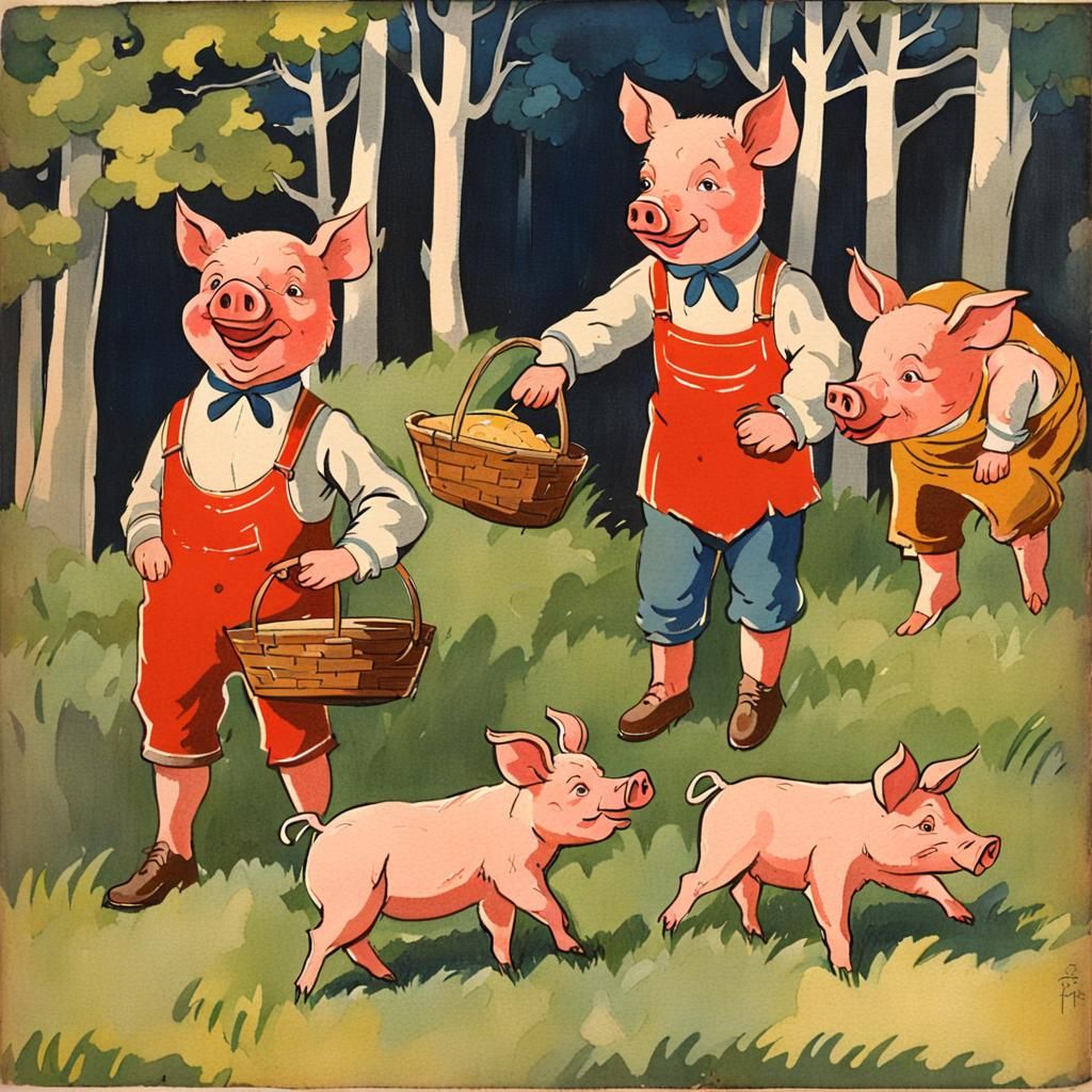 The Three Little Pigs: 1920s Gouache Illustration
