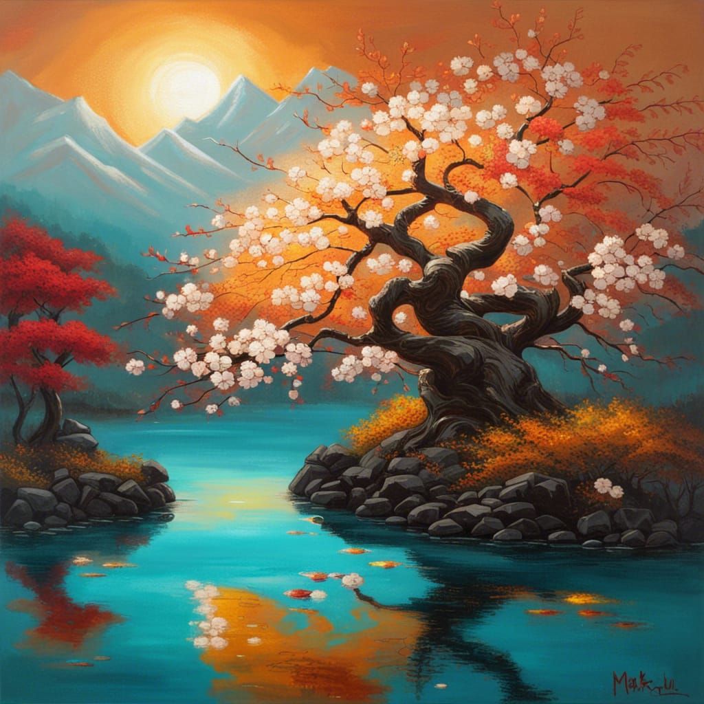 High Gothic Oil Painting of Japanese Pond
