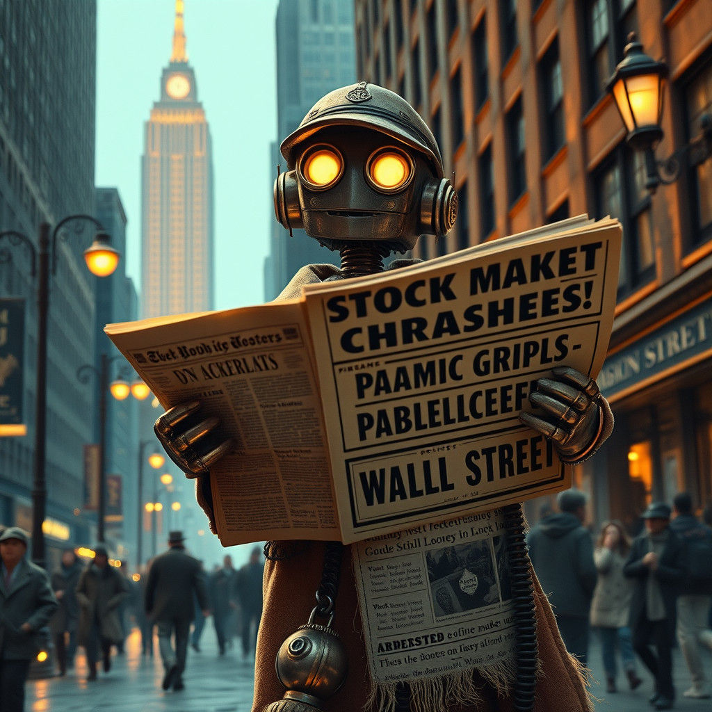 Robot Newsboy Announces Stock Market Crash in Art Deco Style