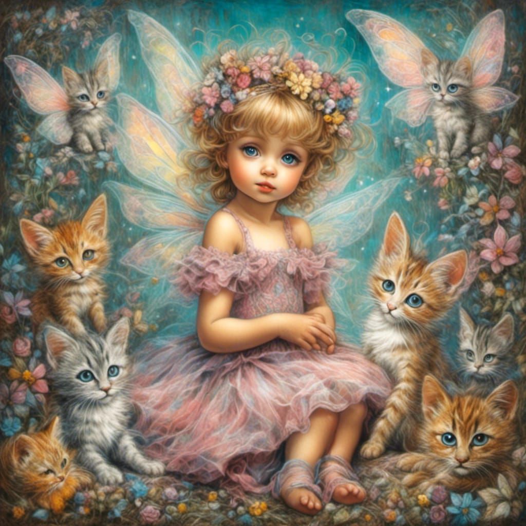 Fairy Toddler Playing with Kittens in Chalk Art