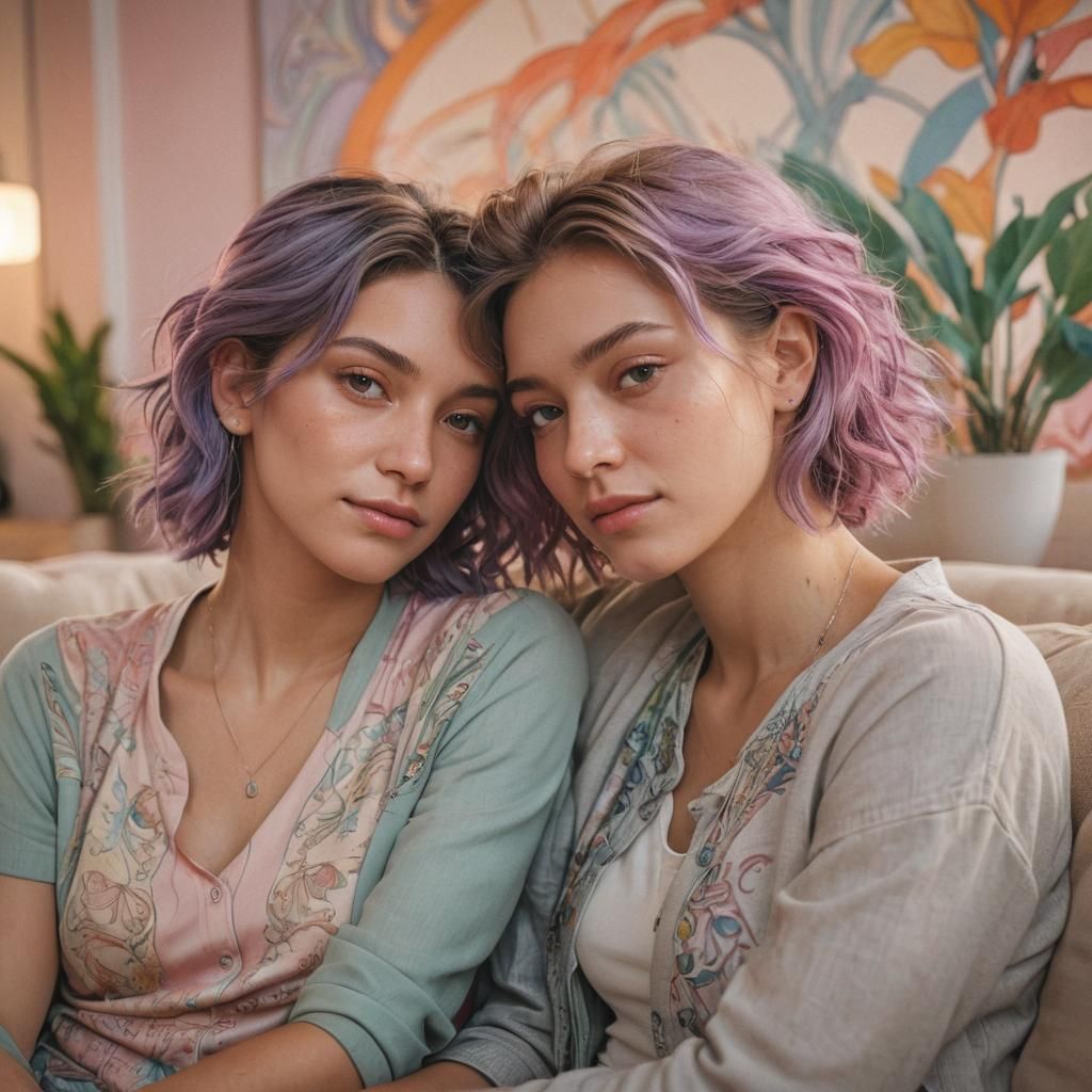 Lesbian Couple Cuddling in Art Nouveau Style