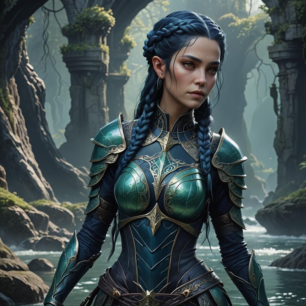 Sea Elf with Blue Hair in Scale Armor