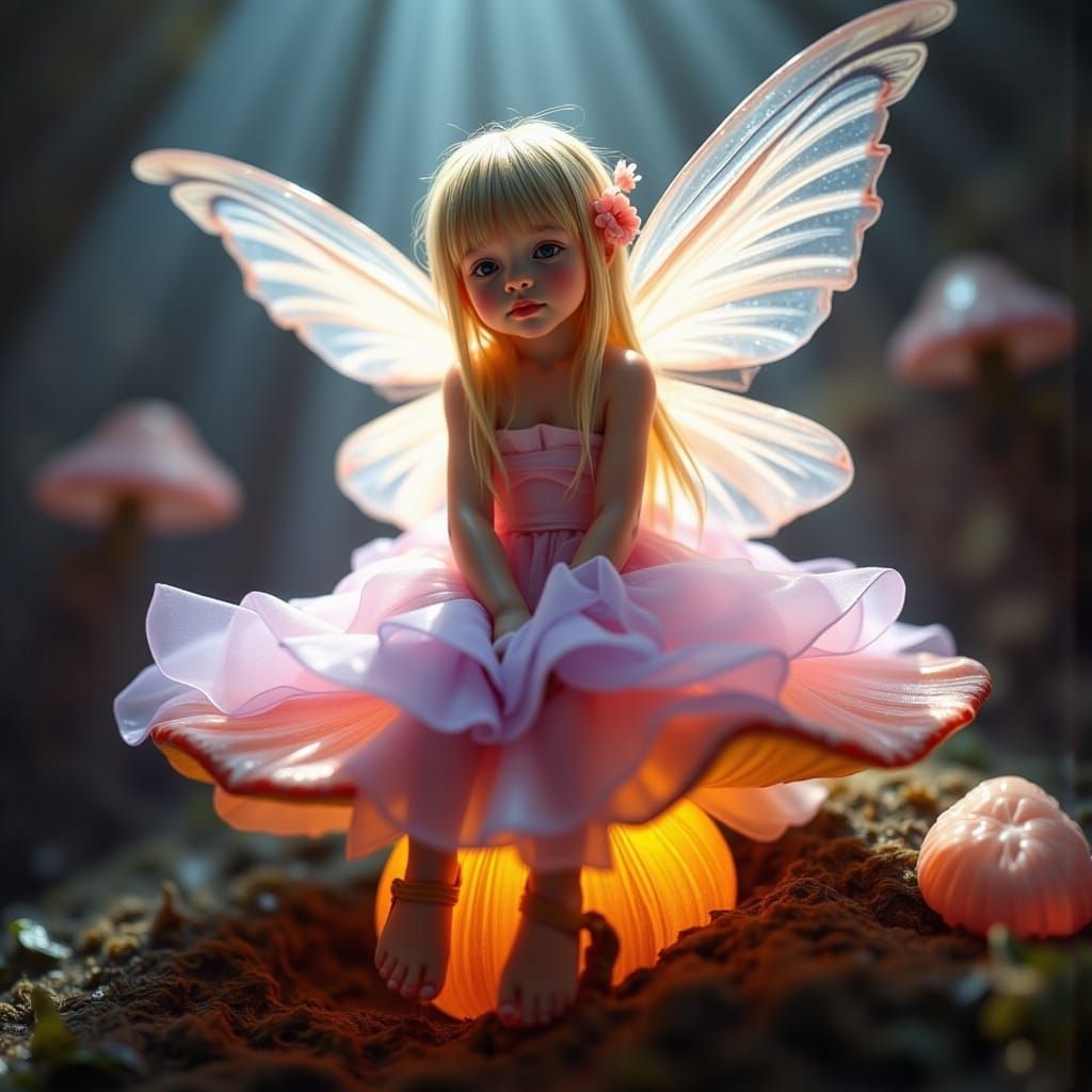 Iridescent Fairy on Glowing Toadstool, Hyper-Realistic