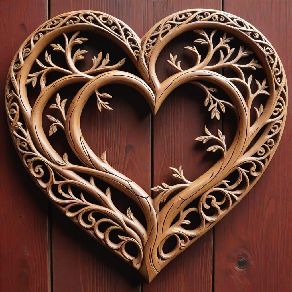 Rustic Wood Carving of an Open Heart
