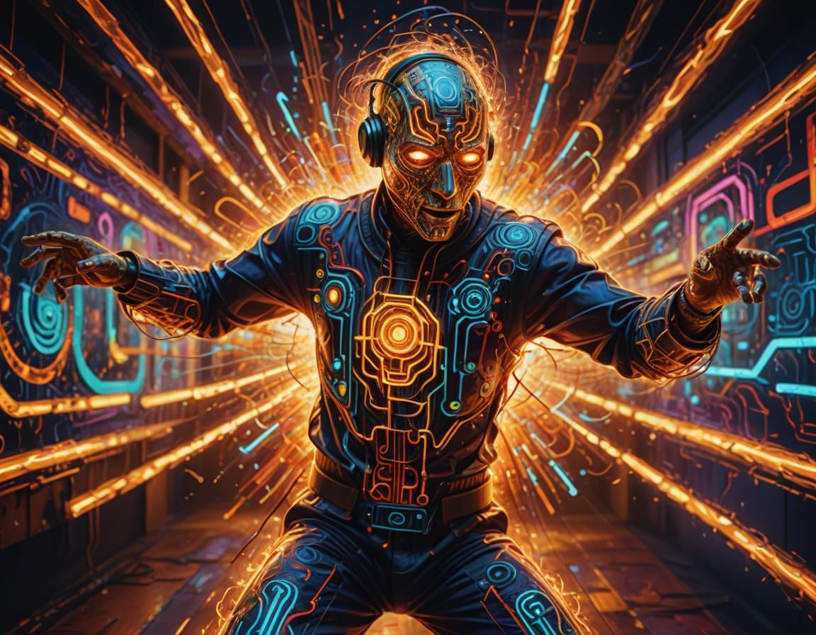 Anthropomorphic Figure Dancing in Surreal Oil Painting