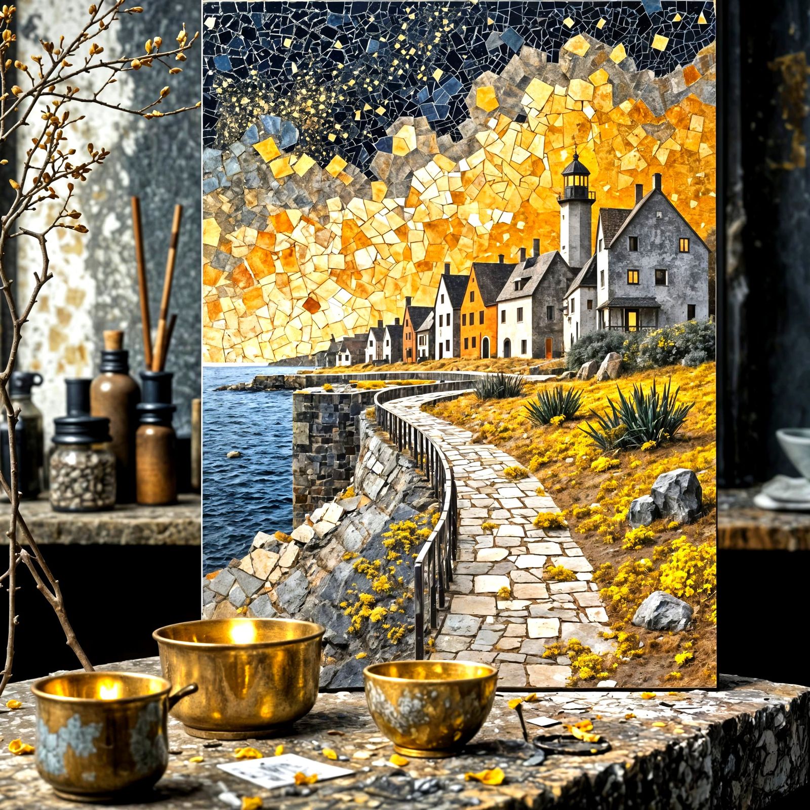 Woman Creating Mosaic Art in Sunlit Studio