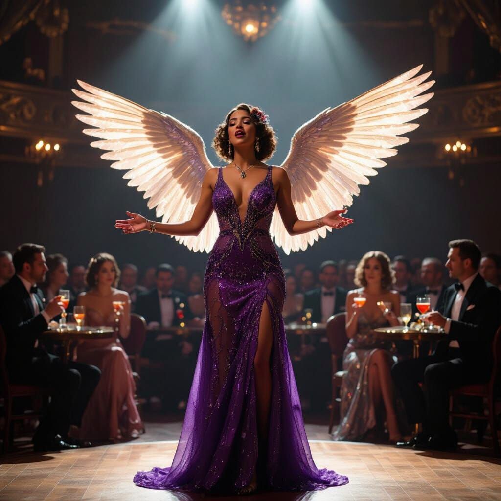 Multi-Ethnic Angel Sings in 1920s Ballroom, Renaissance Styl...
