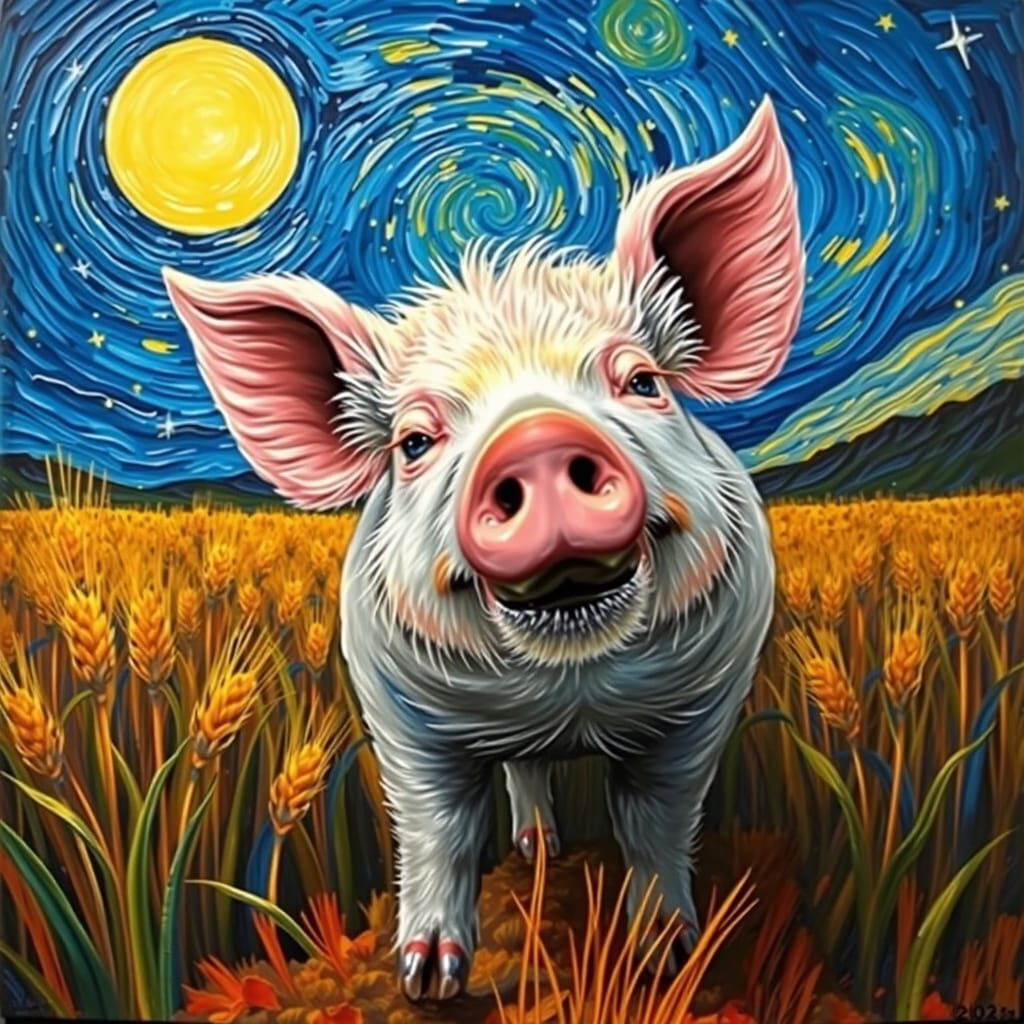 Adventurous Pig in Van Gogh Style Wheat Field