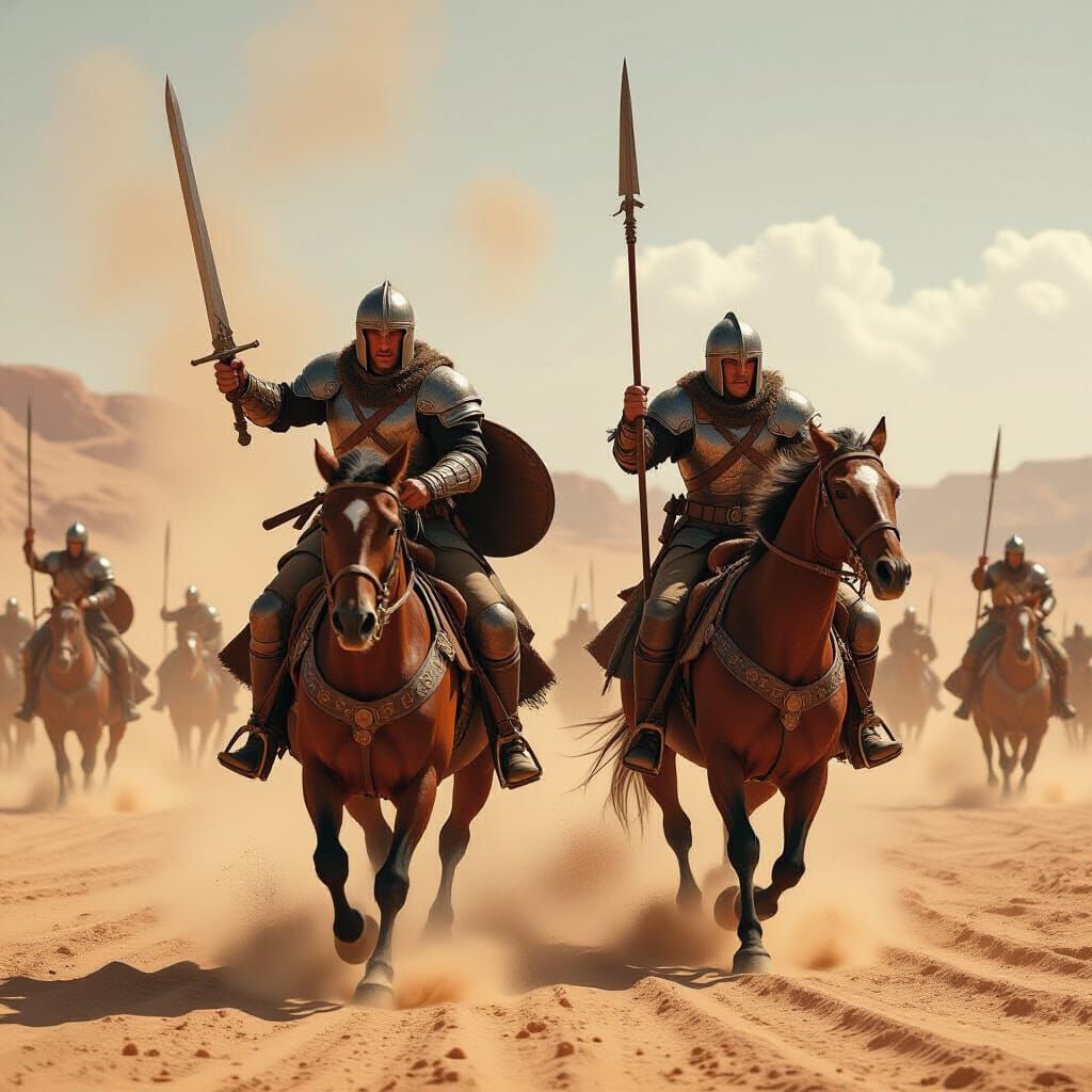 Armored Soldiers Ride Across Scorching Battlefield