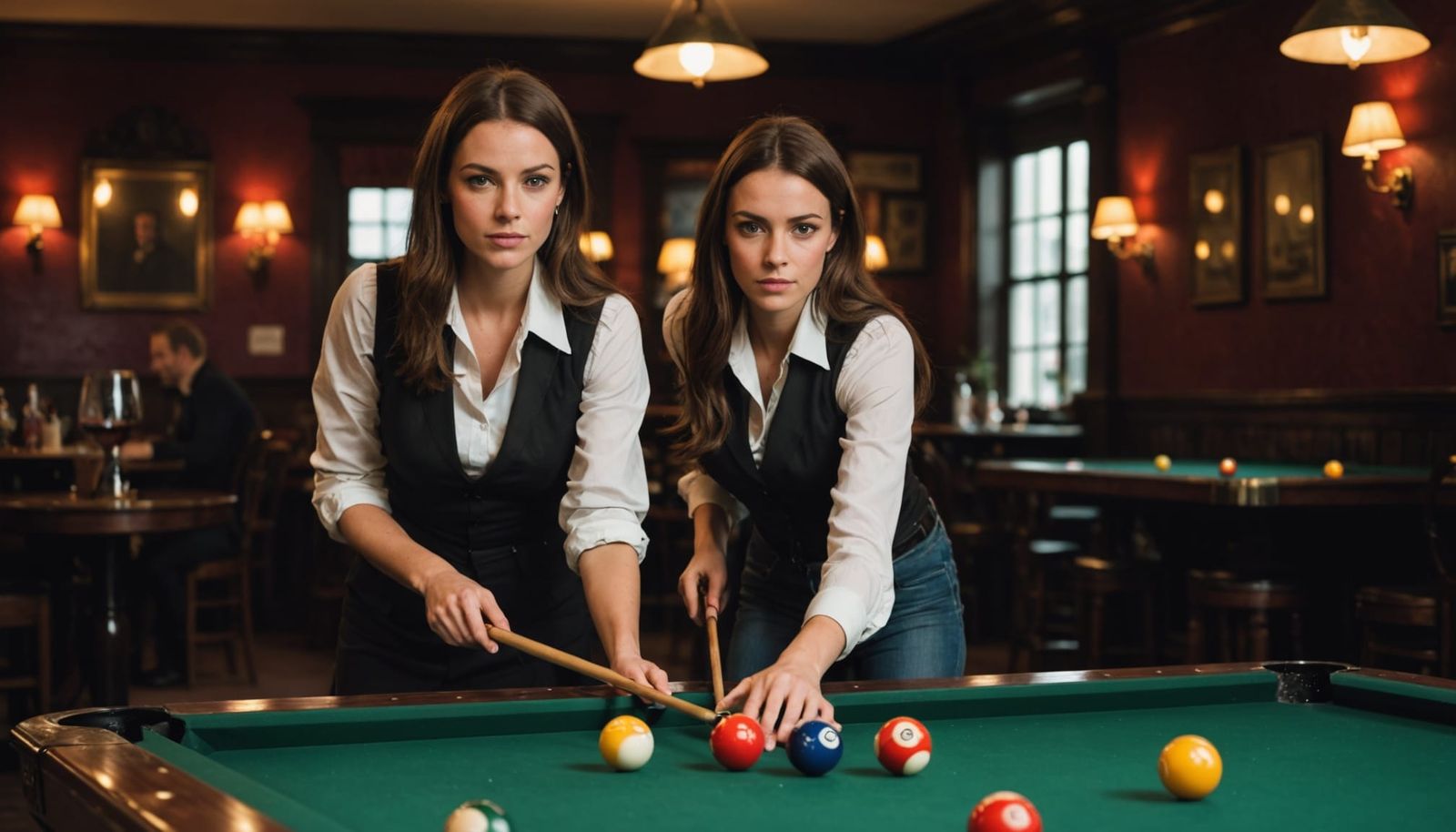 Elegant Woman Plays Pool in Smoky Pub