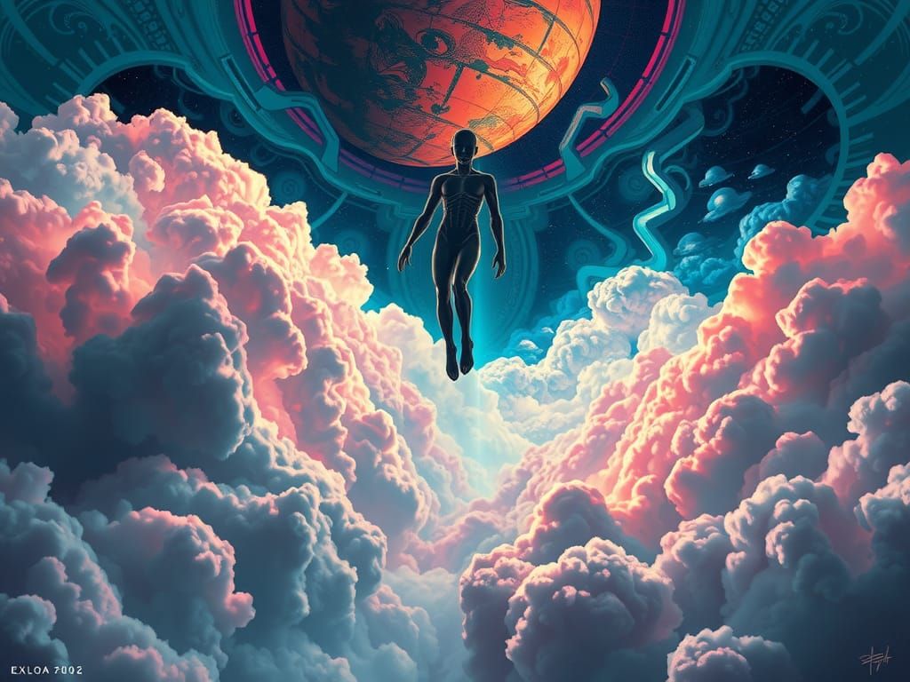Surreal Humanoid Figure in Vibrant Cloudscape