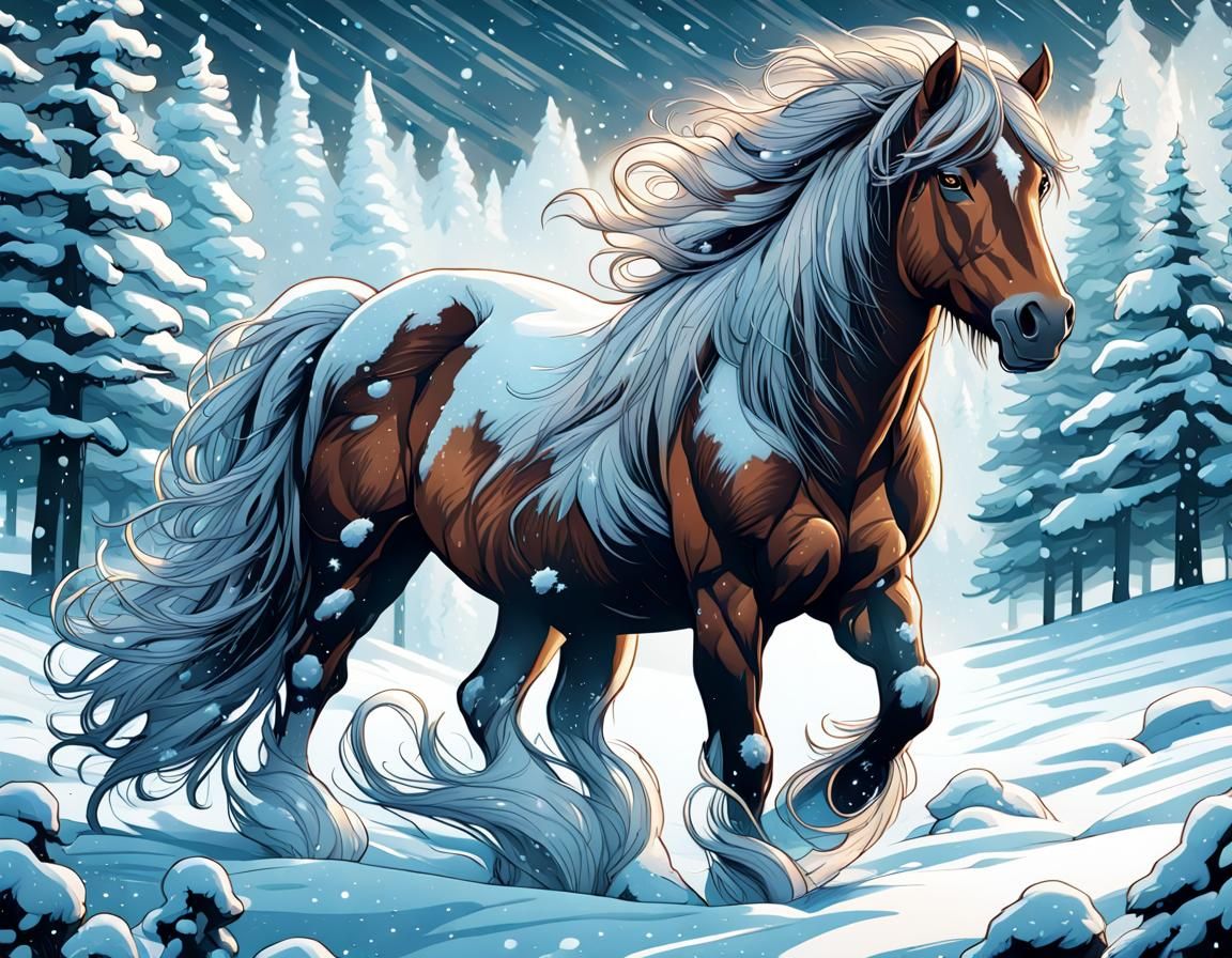 Icelandic Horse in Snowy Landscape, Comic Book Art