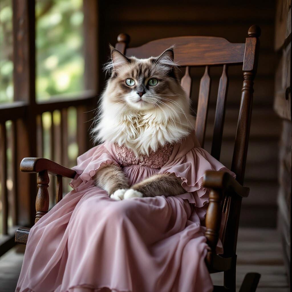 Lilac Ragdoll Cat in Flowy Dress on Verandah