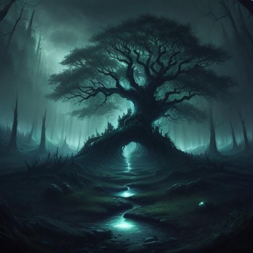 Ominous Forest Tree Portal Album Cover Art