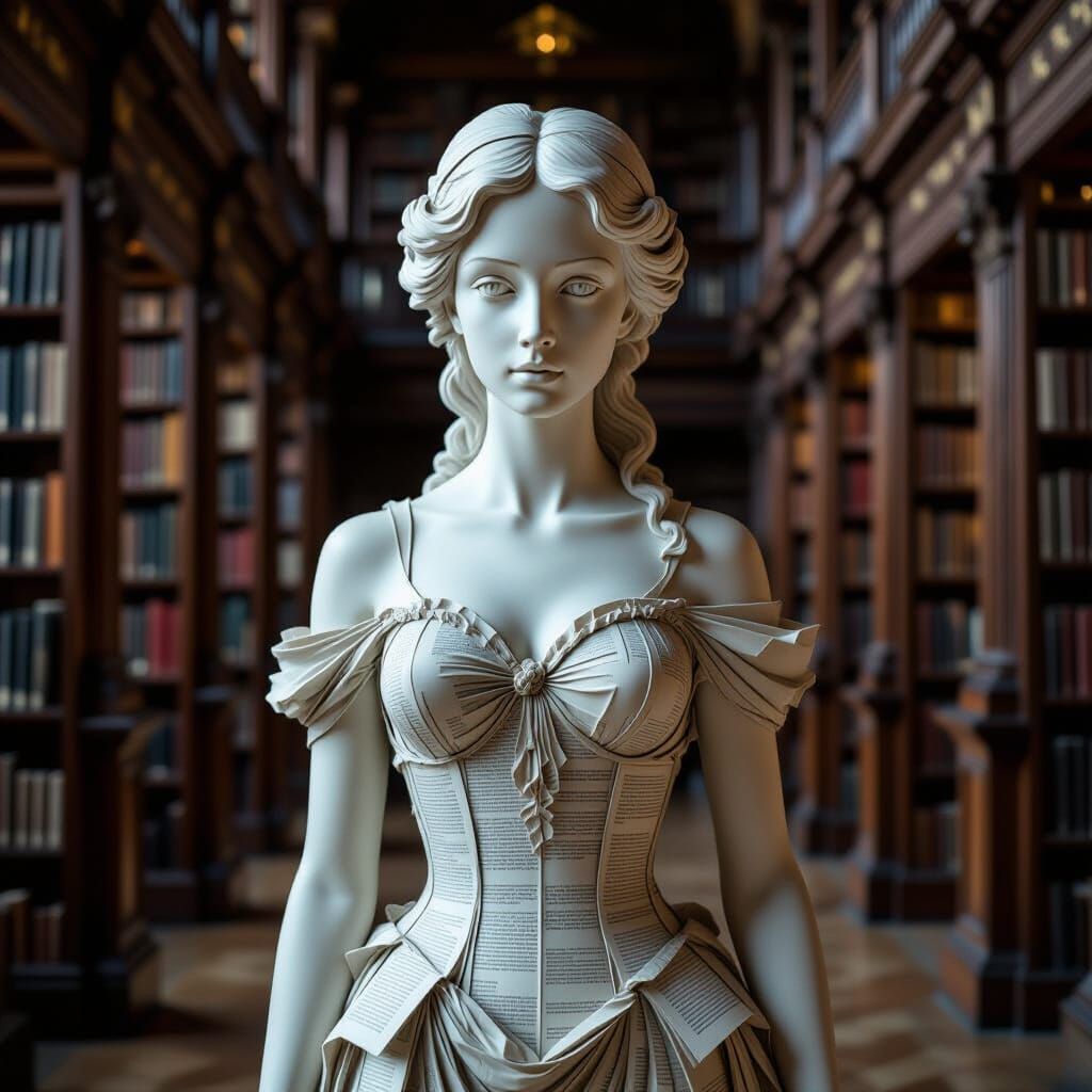 Ethereal Woman Sculpted From Novel Pages in Gothic Library