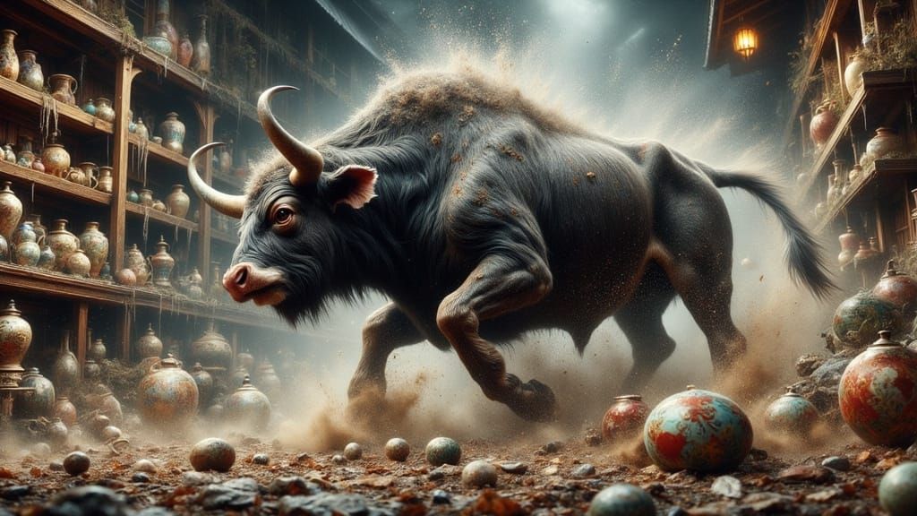 Ethereal Hyperrealistic Bull Smashes China Shop