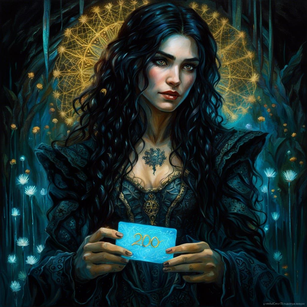 Bioluminescent Woman Holding Card with 200k in Lace Art