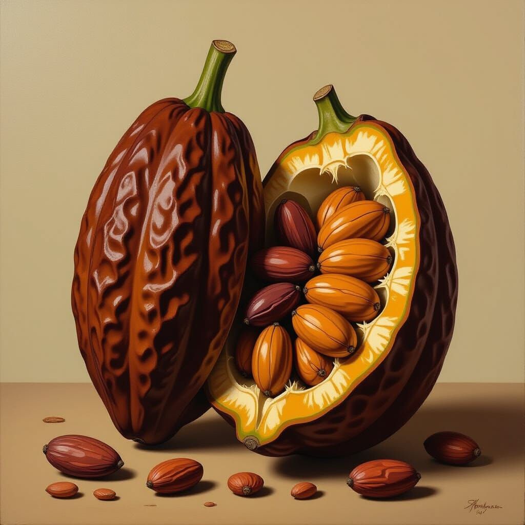 Realistic Cacao Fruit Cut Open with Inner Pulp and Beans