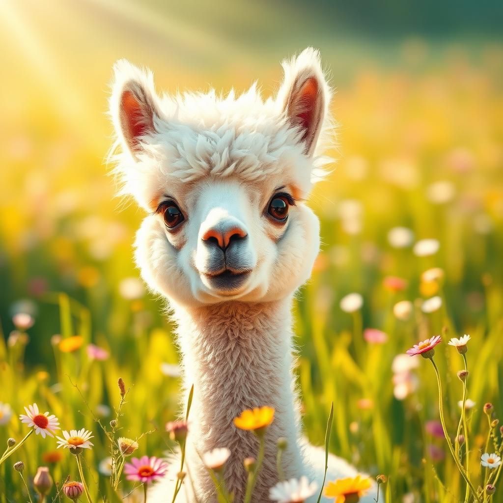 Fluffy Baby Alpaca in Sunny Flower Meadow