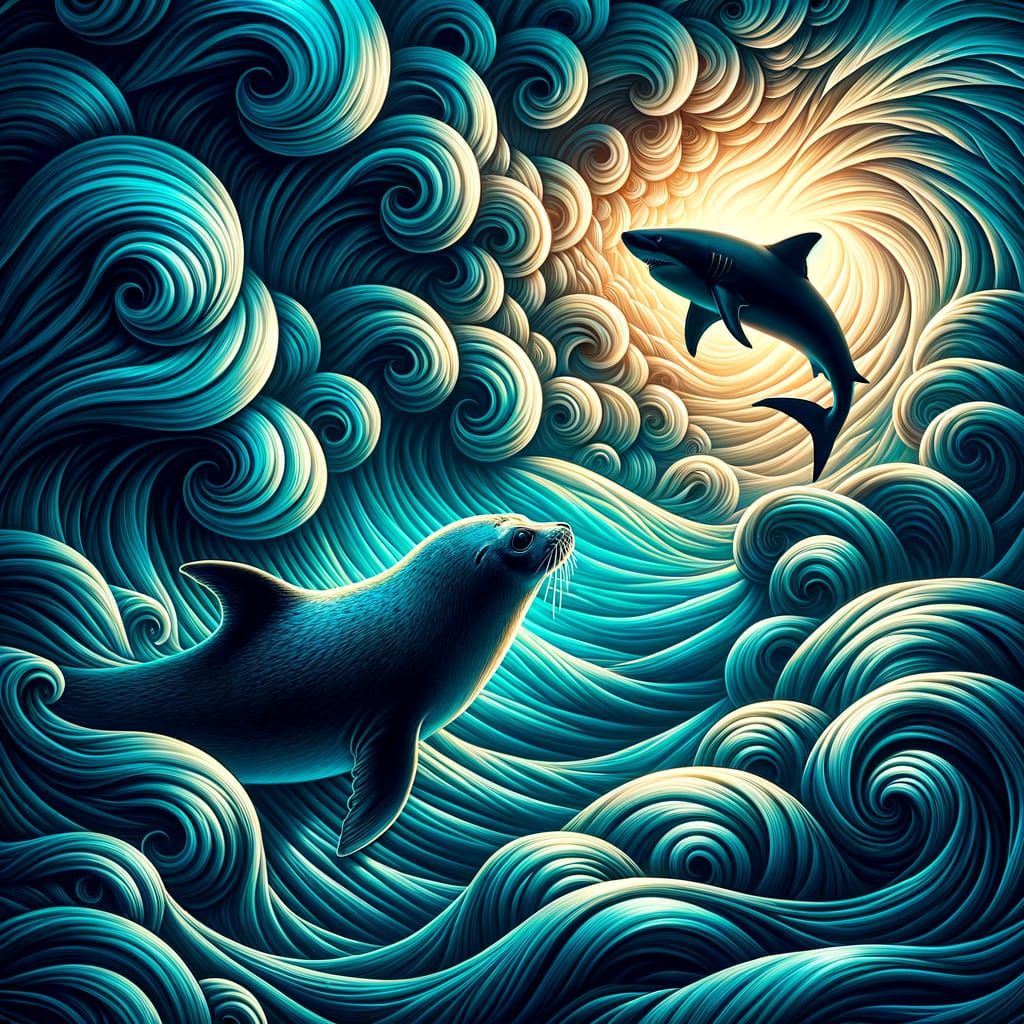 Shark and Seal in Abstract Blue and Teal Ocean Waves