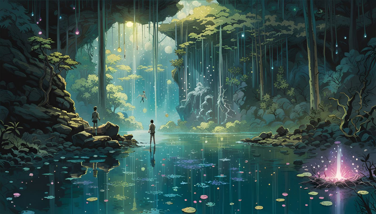 Enchanted Forest Cenote with Bioluminescent Lights