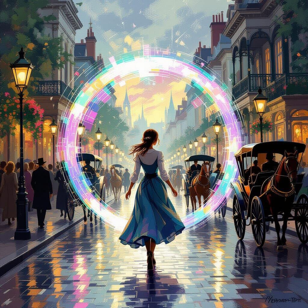 Woman Steps Through Iridescent Portal: Impressionist Art Dec...