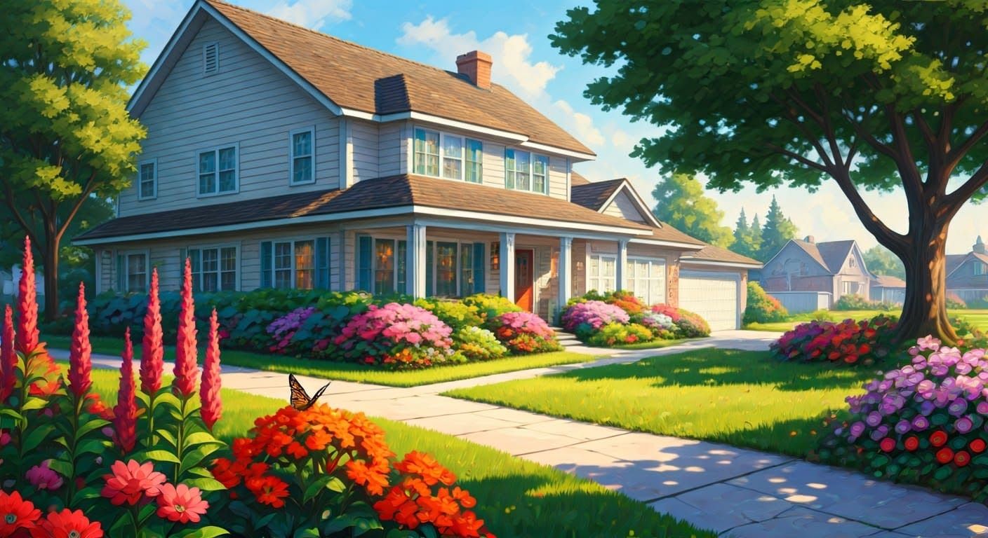 Impressionistic Suburban Scene with Flowers and Butterfly
